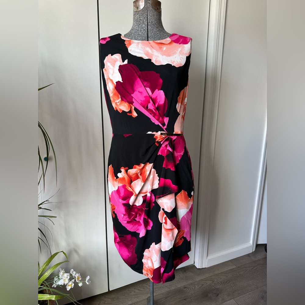 Calvin Klein Strapless Dress in Black with Pink and Orange Floral